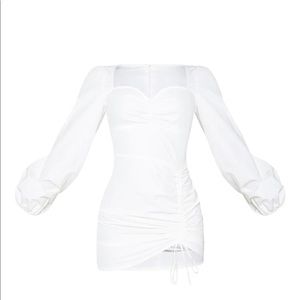 PrettyLittleThing White Long Sleeve Sweetheart Neck Ruched Shirt Dress